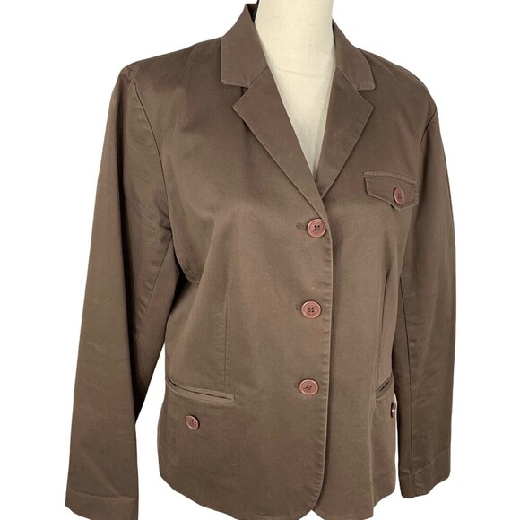 Izod Stretch 3 Button Blazer Women Large Career Brown Pockets Cotton Spandex - Picture 2 of 8